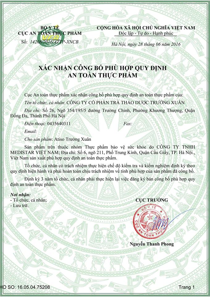 giấy chứng nhận atiso trường xuân
